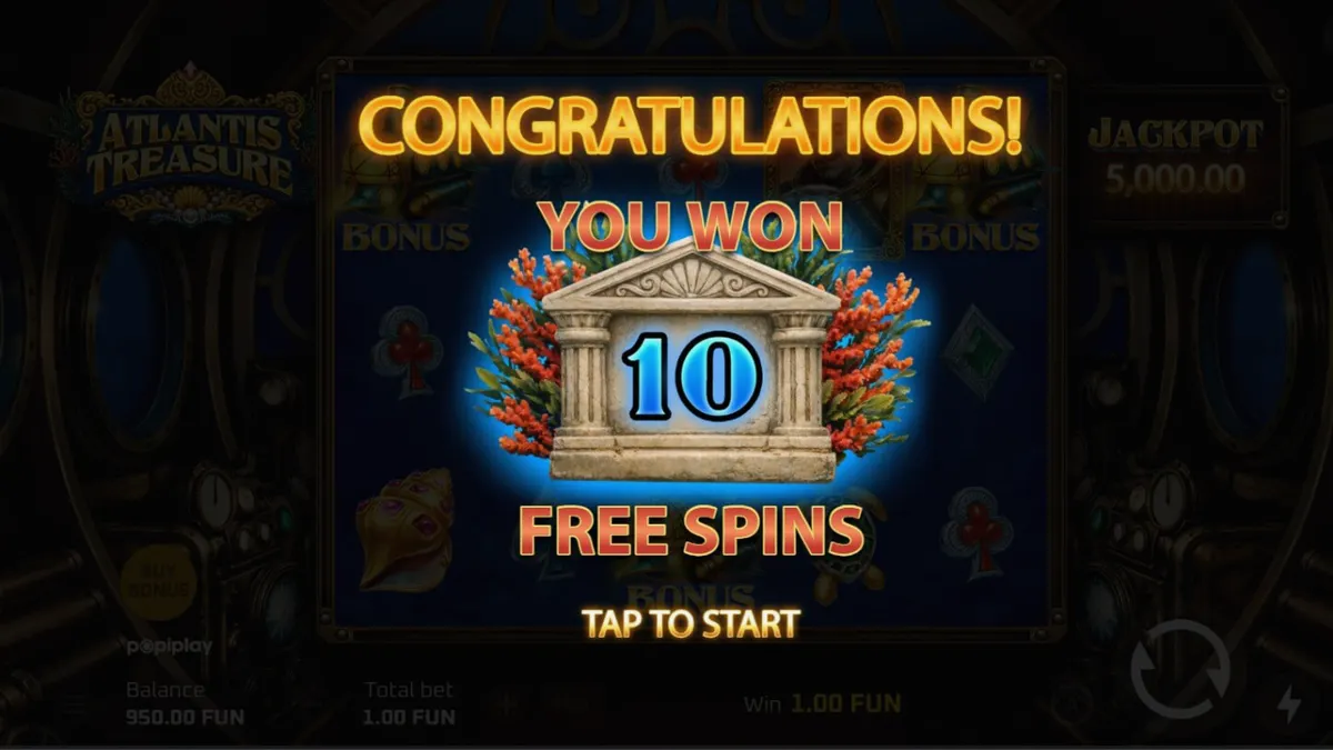Tampilan layar permainan slot Atlantis Treasure di perangkat seluler