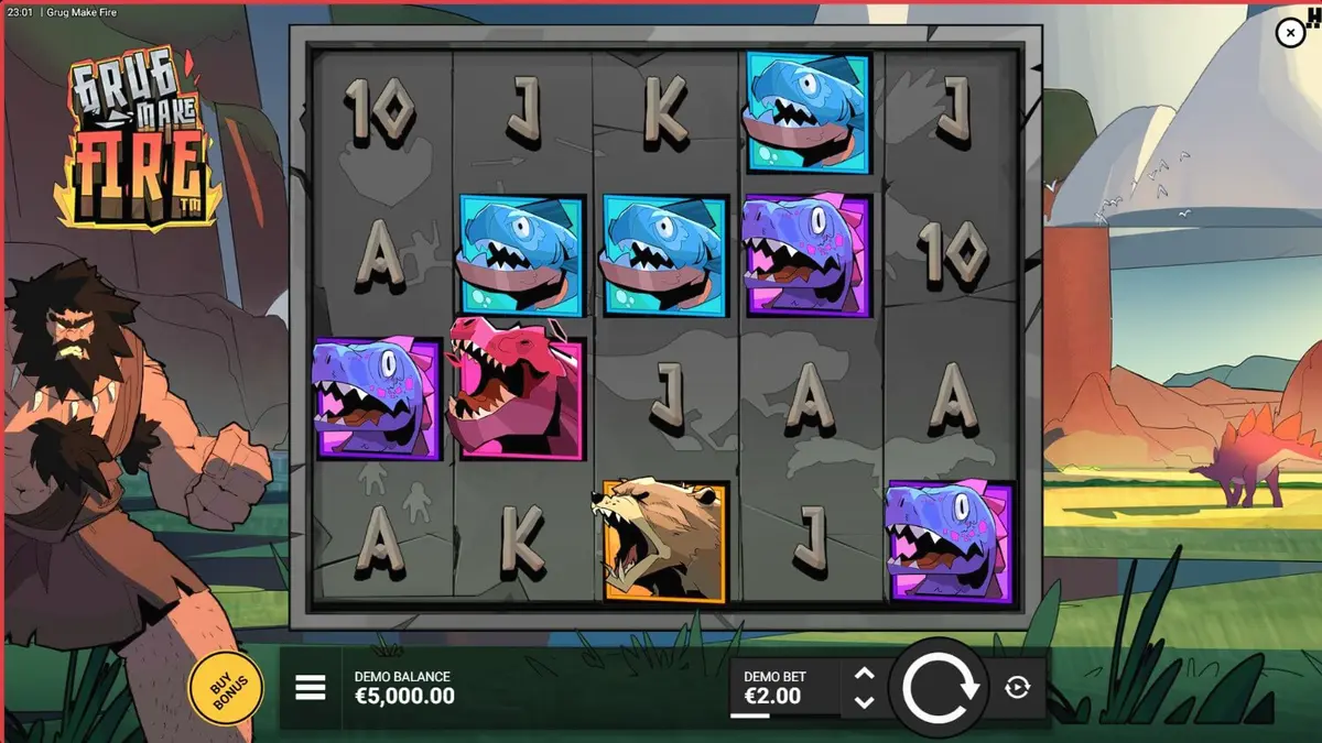 Tampilan visual slot Grug Make Fire dengan tema manusia gua dan api