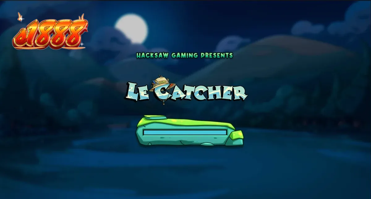 Karakter rakun nelayan dalam slot Le Catcher dengan latar belakang dermaga malam hari
